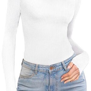Women's White Ribbed Long Sleeve Top